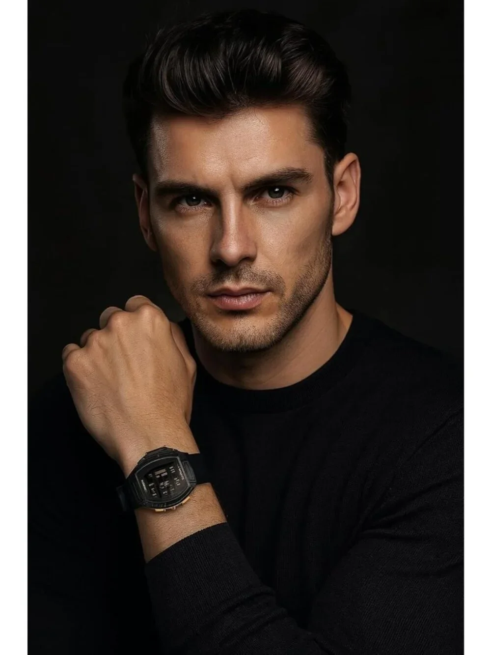 Mens Black Gold Analog Quartz Tonneau Shape Dual Waterproof Digital Luxury Watch